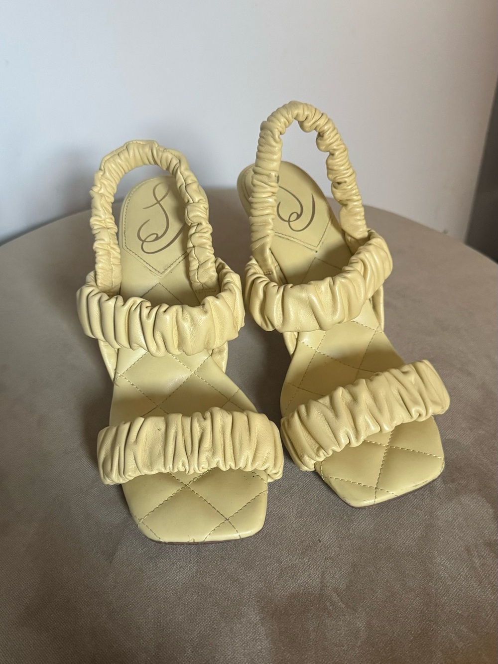 Sam Edelman Pale Yellow Ruched Strap Block Heel Sandals